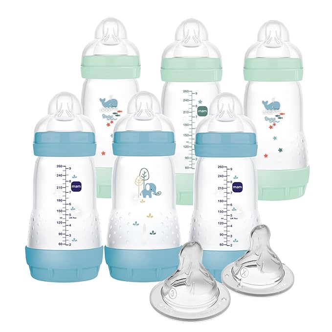 MAM 9oz Easy Start Anti-Colic Baby Bottles, Medium Flow with 2X Bonus Nipples (Fast and Extra Fast Flow), Reduces Colic, Gas, & Reflux, Easy-to-Clean, BPA-Free, 2 Plus Months
