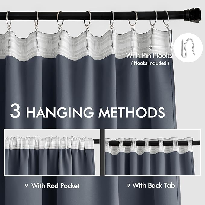 MIULEE Stone Blue Back Tab Blackout Curtains 63 Inch Length 2 Panels Set for Living Room Bedroom Privacy, Rod Pocket/Pinch Pleat Thermal Insulated Room Darkening Pleated Light Blocking Drapes