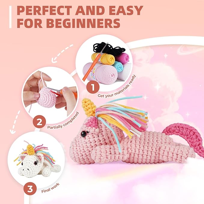 MOREJMTT Crochet Kit for Beginners, Learn to Crochet, Include Easy Knitting Soft Yarn, Step-by-Step Video Tutorial, Hook, Holiday Birthday Gift for Adults and Kids(Unicorn)