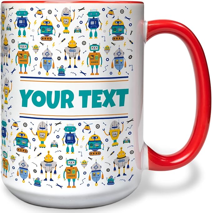 Personalized Mug for Kids - Robots - Custom Name/Text, Ceramic Hot Chocolate/Cocoa/Coffee Cup for Boys, Birthday/Christmas/Holiday Gift - 15 oz, Red Handle