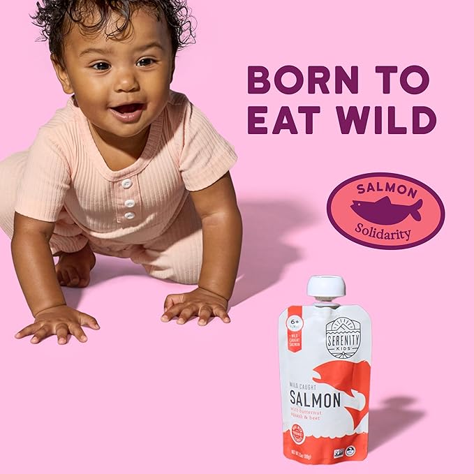 Serenity Kids 6+ Month Salmon Baby Food Pouches - BPA-Free Wild Caught Salmon & Organic Butternut Squash & Beet - No Added Sugar & High Protein - 3.5 Oz, 6 Pack