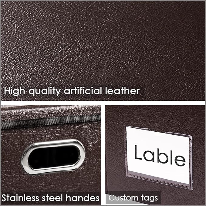 PRANDOM Collapsible Storage Box with Lid [3-Pack] Leather Fabric Foldable Storage Bin Organizer Container Basket Cube with Cover for Home Bedroom Closet Office Nursery Brown(13.6x9.6x6.9)