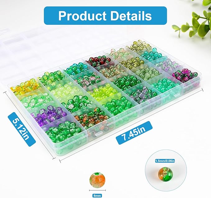 XSEINO About 1200pcs 6mm Cracked Glass Beads Bracelet Making Kit,24 Style Crack Mystic Green Series Colorful Crystal Beads for Jewelry Bracelet Making,DIY Crafts,Friendship Bracelets