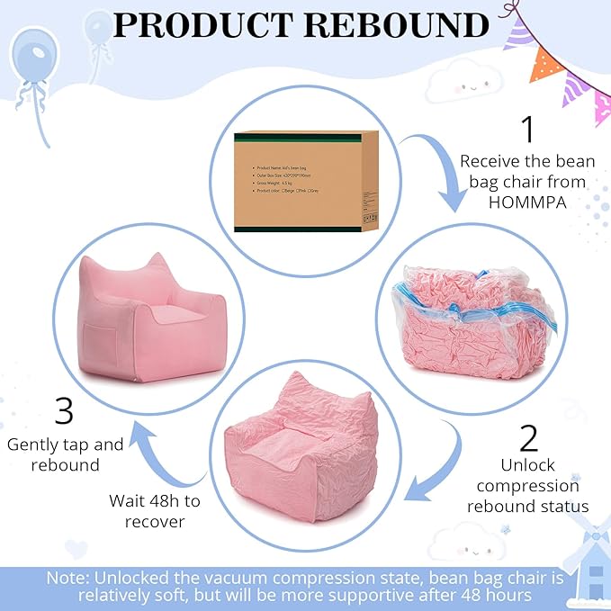 HOMMPA Kids Bean Bag Chair Stuffed Toddler Bean Bag Sofa with Pocket Filler Bean Bag Chair for Kids Boys and Girls Baby Lazy Floor Sofa Chair for Gaming Reading Playing Pink