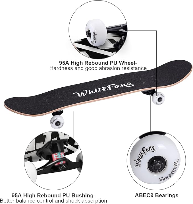 WhiteFang Skateboards for Beginners, Complete Skateboard 31 x 7.88, 7 Layer Canadian Maple Double Kick Concave Standard and Tricks Skateboards for Kids and Beginners
