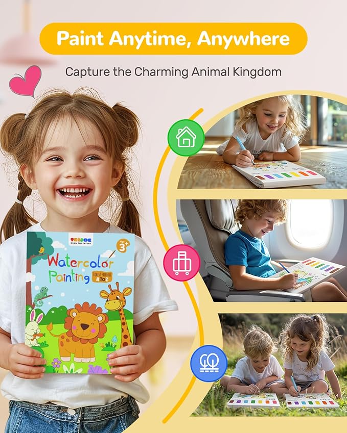 TECJOE Paint with Water Coloring Books for Toddlers, A to Z 26 Pages Animal Watercolor Paint Set with 3 Brushes, Mess Free Painting Activity for Kids Ages 4 5 6 7 8, Christmas Gifts Arts & Crafts Toy