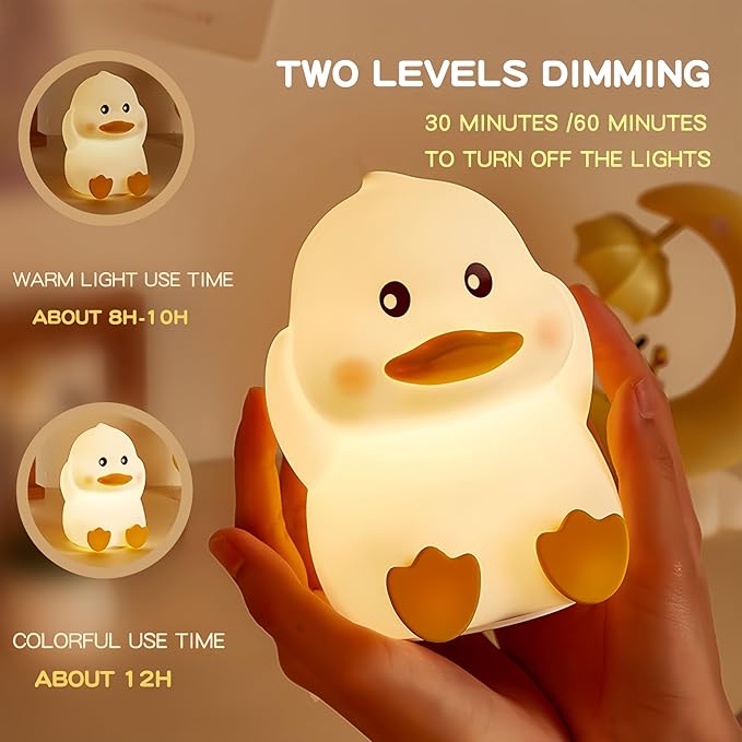 Soft Silicone Cute Duck Night Light, 2-Level Brightness 6 Colors Changeable, with Timing Function Rechargeable Night Light for Nursery Kids Bedroom, Toddler Gift