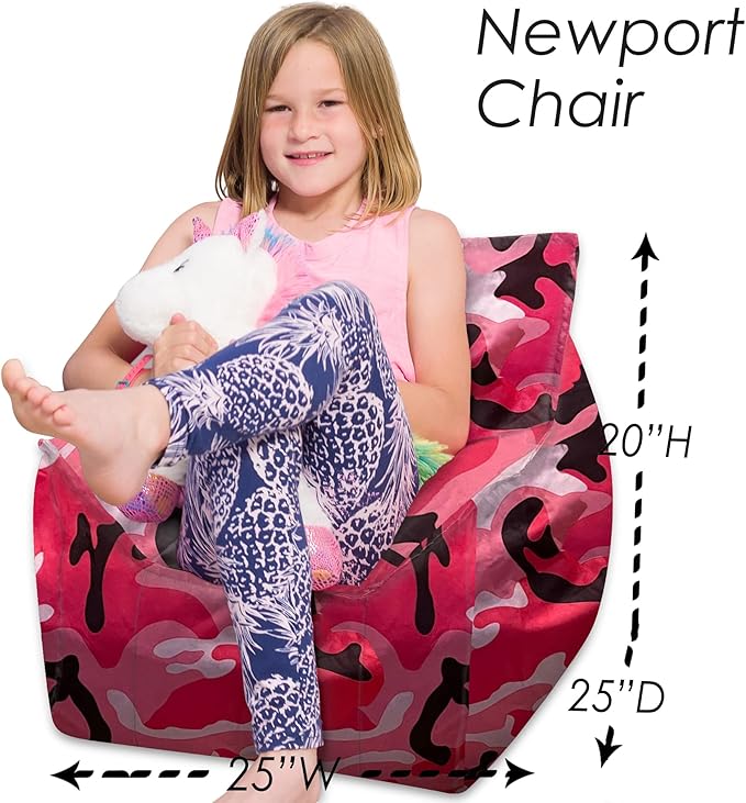 Posh Creations Structured Comfy Bean Bag Chair for Gaming, Reading and Watching TV, Newport Chair, Nylon - Camo Pink and Black