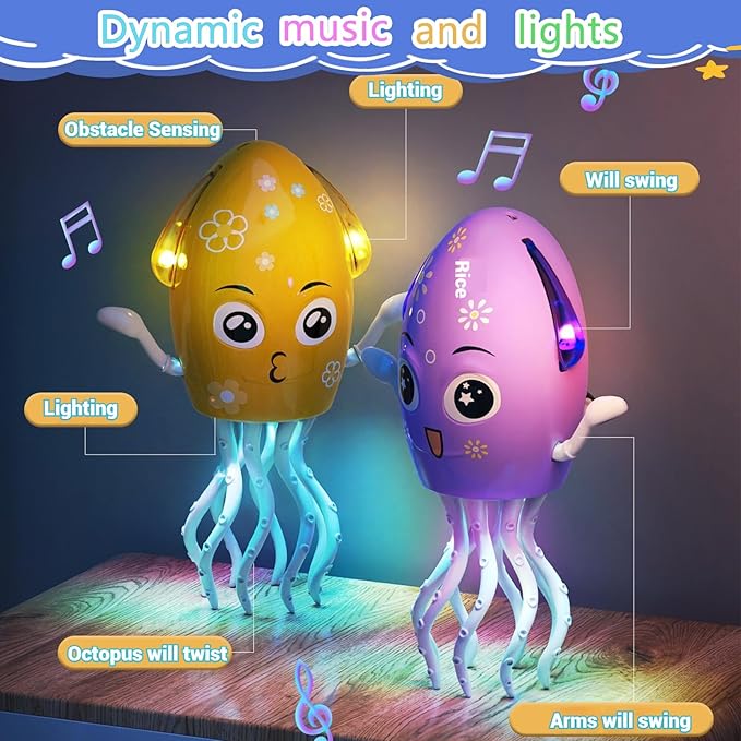 Dancing Octopus Toy Electric Crawling Baby Toy with Lights & Music Tummy Time Octopus Toy | DIY Expressions, Obstacle Avoidance | for Boys and Girls Party Gift Birthday, Christmas (Yellow)