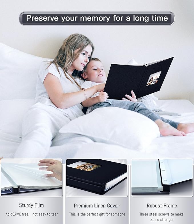 popotop Photo Album Self Adhesive with Picture Display Window,40 Pages DIY Scrapbooking Supplies Kit for 4x6 10x12 Picture,Linen Cover Memory Book for Baby Wedding, with Scraper and Metallic Pen