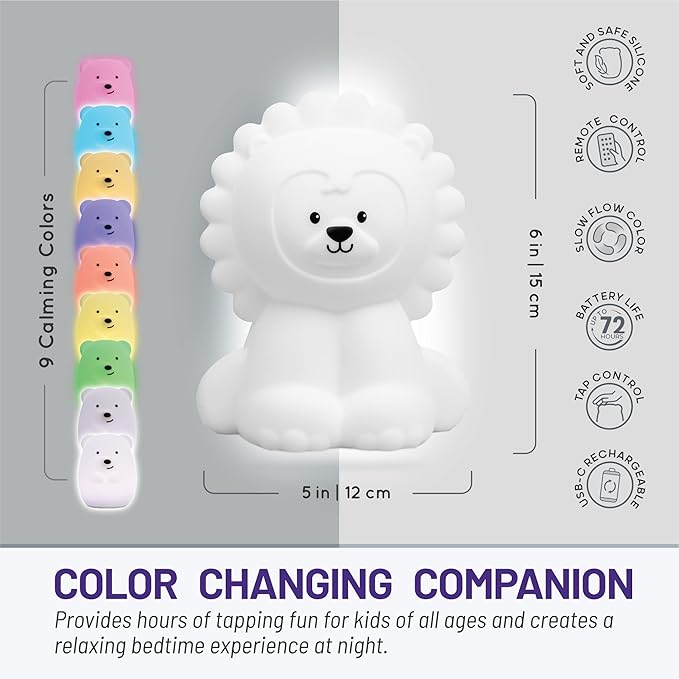 Lumipets Remote Control Silicone Night Light for Kids - Lion Design with 9 Soft Colors & Sleep Timer - Rechargeable, Battery-Operated Lamp for Bedroom | Baby Nursery, Toddler, Girls, Boys