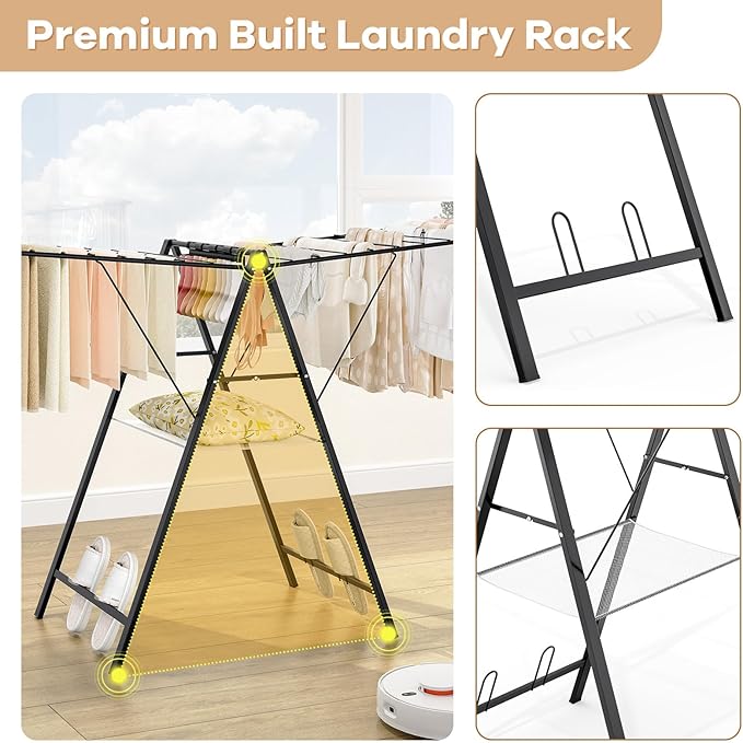 APEXCHASER Clothes Drying Rack Foldable, Metal Laundry Drying Rack with Height Adjustable Rails, Ultra Thin Drying Rack Clothing Towel Sweater Shoe for Indoor Outdoor, Gullwing Clothes Airer, Black