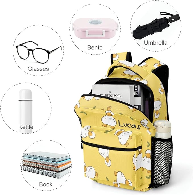 Cartoon Duck Yellow Custom Kids Backpack 16.5 Inch for Boy Girl, Personalized Waterproof Child School Travel Bag with Name, 16.5’’ X 12.2’’ X 5.9’’