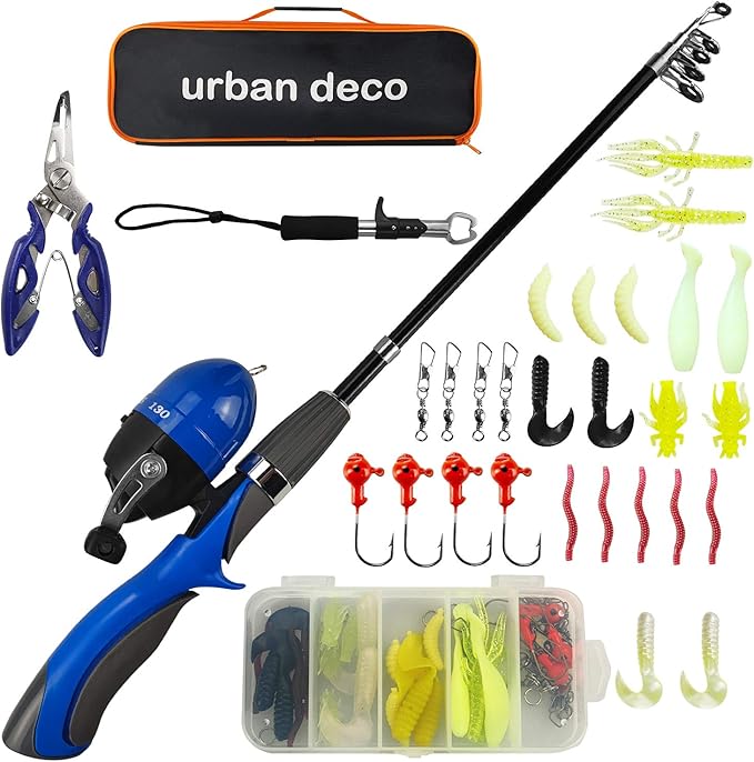 Urban Deco Kids Fishing Pole Set Portable Telescopic Kids Fishing Rod and Reel Combo Kit with Tackle Box for Beginners, Boys,Girls,Youth,Children