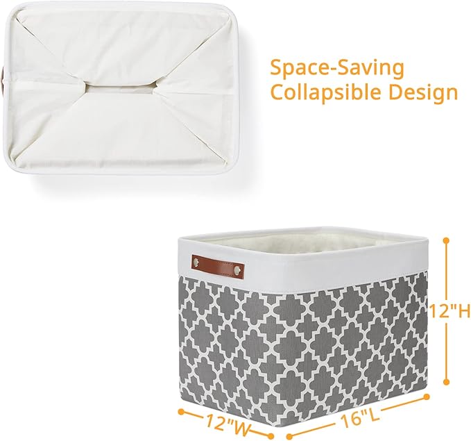DULLEMELO Foldable Nursery Storage Baskets Canvas Storage Bins for Organizing 2 Pack Collapsible Home Organizer With Leather Handles (White&Lattice Grey)