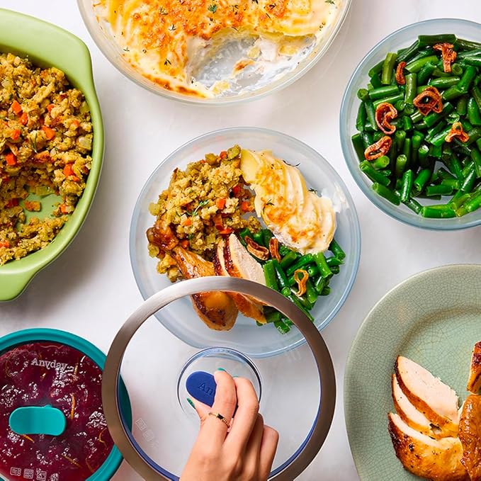 Anyday 4-Cup Microwave Cookware & Glass Container with Glass Lid, Plastic-Free Shallow Food Storage | Stackable Airtight Steamer with Vented Lid for Microwave-Safe Reheating, Steaming Vegetables