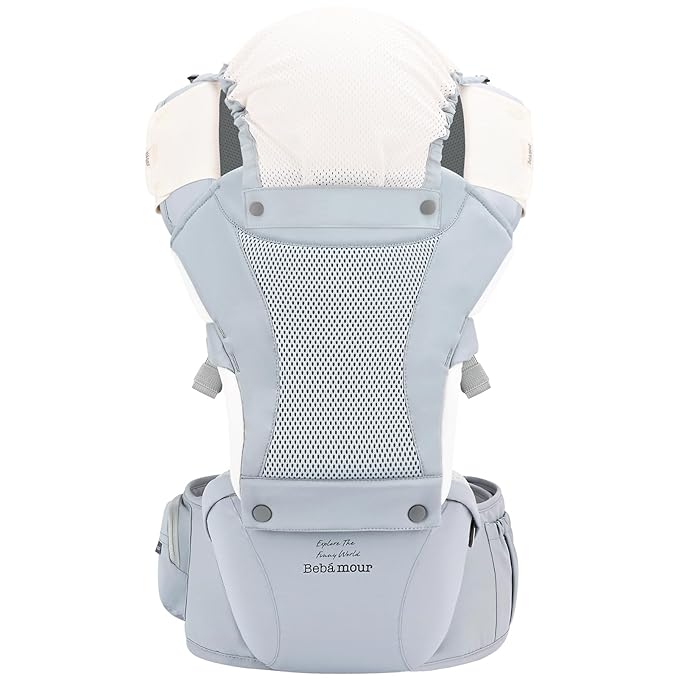 Bebamour Baby Carrier with Hip Seat,All-Position Breathable Mesh Hip Seat & Carrier 0-36Months with Head Hood, 3 PCS Teething Pads, Waist Extender,Storage Bag & Pacifier Case (Blue)