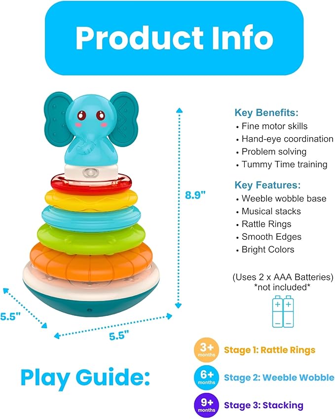 PlenPLAY Baby Tummy Time Toys - Musical Stacking Rings for Toddlers 1-3, Sensory Learning Toys with Elephant Themed Stackable Rings