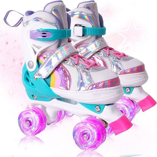 Rainbow Toddler Roller Skates - Size 4 Adjustable | Light Up Quad Skates for Girls & Boys Beginners Aged 3-12