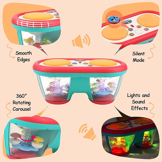 Baby Toys for 6 to 12 Months, Drum Musical Learning Infant Toys Rotating Light Up Toys for 12-18 Months, Tummy Time Toys for Baby 0-3-6-9 Months, Baby Gifts Toys 1 Year Old