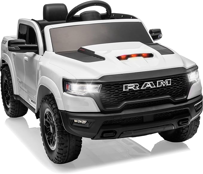 Licensed Ram 1500 RHO 12V Kids Ride on Truck, Toddler Ride on Toys with Remote Control, Children Electric Vehicles with Truck Bed Storage, Smooth Start, Music, Bluetooth (White)