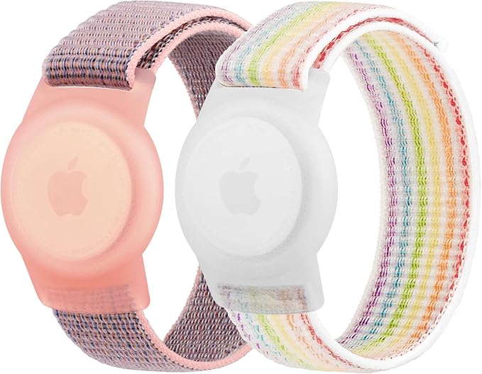 Kids Wristband Protective Case Compatible with Apple AirTag, Adjustable Nylon Bracelet for Air Tag GPS Tracker Holder with Anti Lost Watchband for Toddler Child Kids (Pink+White Rainbow)