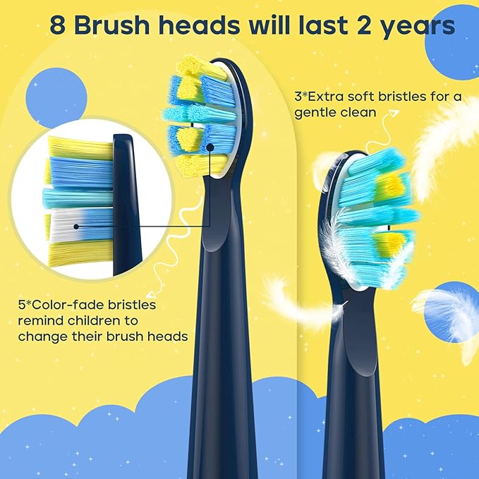 SEAGO Kids Electric Toothbrush, Rechargeable Sonic Soft Bristle Toothbrushes with 8 Brush Heads, DIY Stickers and 5 Modes, Ideal for Kids and Children, Ages 3–12，SG2303(Navy)