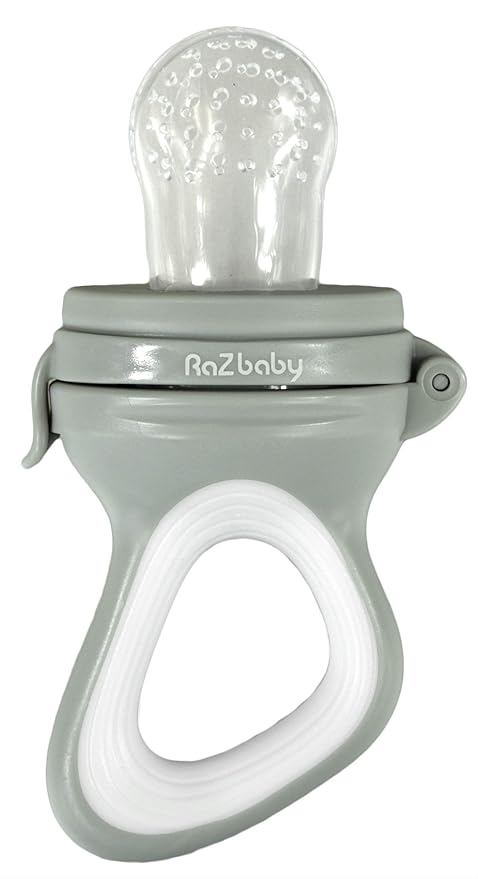 RaZbaby Baby Solids/Frozen Fruit Feeder Pacifier, Infant Teether Toy 6M+, BPA-Free Silicone Pouch & Nipple, Safely Introduce Solids, Natural Teething Relief, Dishwasher Safe, Freezable – Grey/White