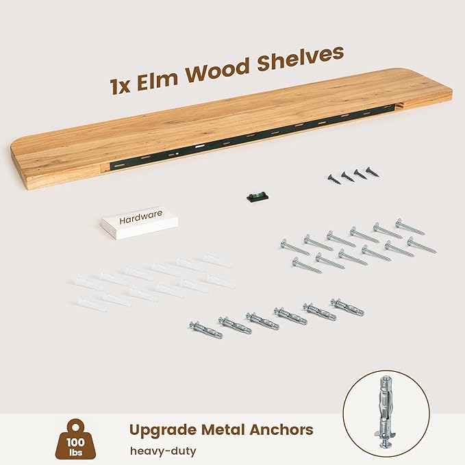 Rustic Elm Wood Floating Shelves for Wall Round Edge, 55"W x 9.2"D x 1.37"H, Set of 1 with Invisible Bracket, Wall Mounted Storage Shelves for Living Room Bedroom Kitchen Bathroom Decor, Natural