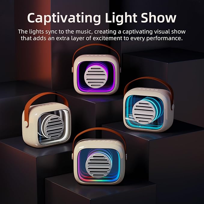 YF93 Mini Karaoke Machine for Kids with Bluetooth Speaker, 7 Voice-Changing Modes, Dual Microphones, Colorful LED Lights, TF Card Support, Portable Singing Gift for Children and Parties(Beige)