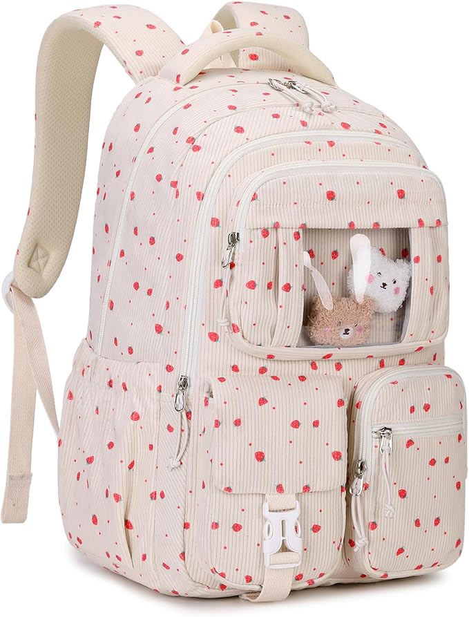 Corduroy Backpack Kids Backpack for Girls School Bags for Middle School Students Book Bag for Elementary Primary Kawaii Ita Backpack, Beige Strawberry