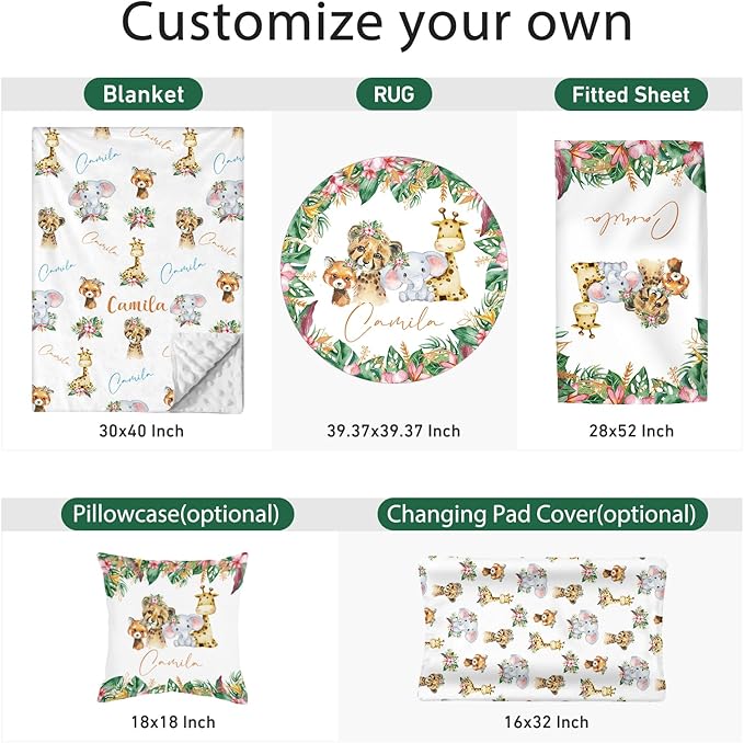 Personalized Baby Crib Bedding Set - Custom Name Lions Design 3 Pcs Set - Soft Blanket with Double Layer Dotted Backing, Fitted Sheet, Room Rug for Newborns Boys Girls Shower Gift