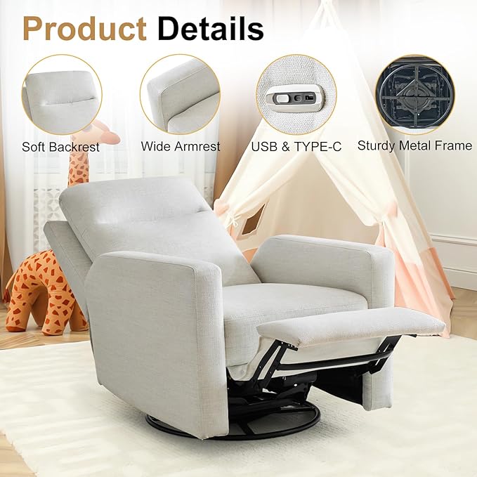 Power Swivel Recliner Chair – Nursery Glider Rocker with USB & Type-C, High Back Reclining Chair for Breastfeeding & Baby Room, Linen Fabric, Beige Grey