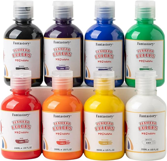 Fantastory Tempera Paint for Kids 8 Colors (8.4 oz Each) Washable, Non-Toxic for Poster and Sponge Painting, Finger and Hand Paint Bottles Gifts