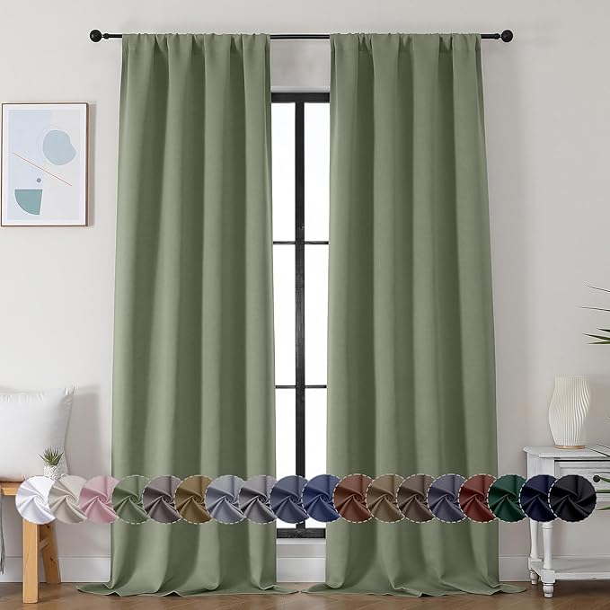 Simplebrand Ava Sage Green Blackout Curtains for Bedroom 90 Inches Long 2 Panels Set, Solid Privacy Energy Saving Living Room Window Treatment Curtains Blackout Drapes, W40 x L90 Inch, Sage Green