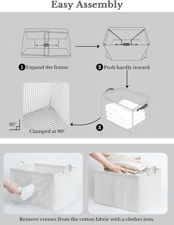 StorageWorks Storage Bins, Fabric Storage Bins for Shelves, Storage Baskets with Metal Frame, Closet Baskets and Bins with Handles, Gray and White Stripes, 2-Pack