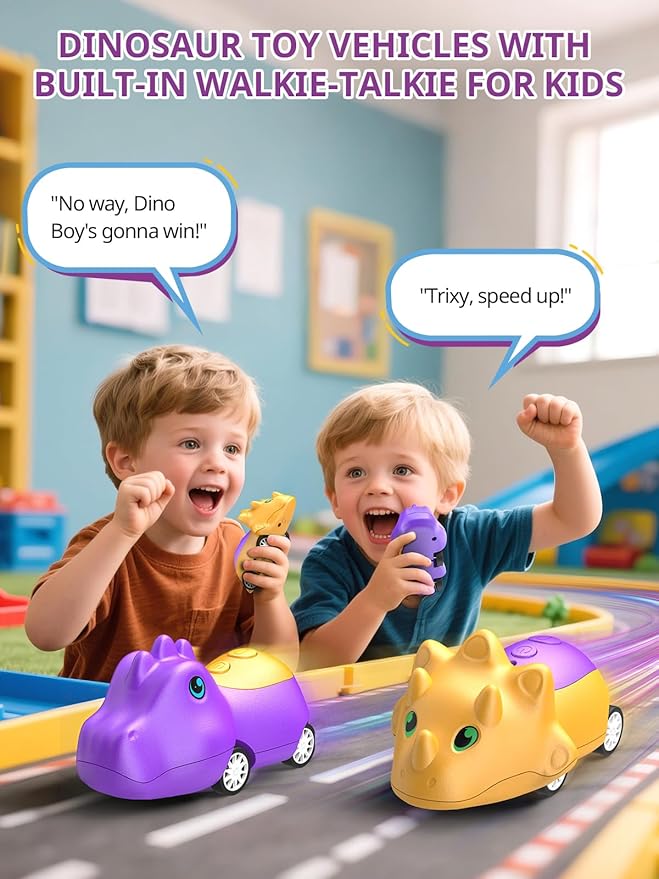 Dinosaur Walkie Talkies for Kids Rechargeable, Dino Toy Cars for Boys & Girls Ages 3-7, Crystal-Clear Audio, 48H Play, Fun Indoor & Backyard, Birthday Xmas Gifts for Toddler, 2 Pack