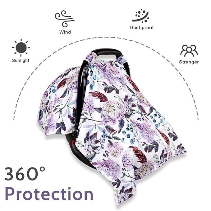 Car Seat Cover Baby, Infant Car Seat Canopy Covers for Newborn Girls Boys, Soft Breathable Mink Carseat Covers Stretchy Multi-Use Nursing Cover for Stroller Baby Car Seat, Purple Flroal