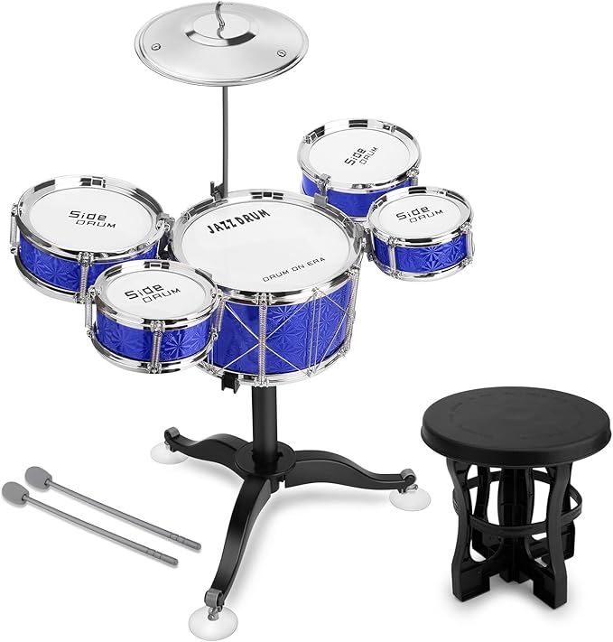 Toddler Drum Set Kids Jazz Drum Kit 8 Piece - Educational Percussion Musical Instruments Drum Toy Playset Christmas Birthday Gift for Boys Girls, Blue