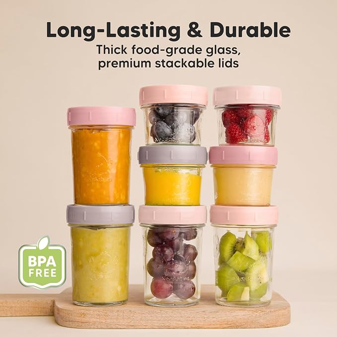 KeaBabies 4pk 8oz & 4pk 4oz Glass Baby Food Containers with Lids - Leak-Proof, Microwavable Small Glass Jars,Baby Purees & Toddler Snack Storage Containers,BPA-Free,Dishwasher & Freezer Safe(Roseate)