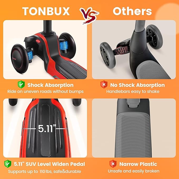 TONBUX Kids Scooter for Age 3-12, Toddler Scooter with 4 Adjustable Heights, Light Up 3-Wheels Scooter, Shock Absorption Design, Lean to Steer, Balance Training Scooter for Kids