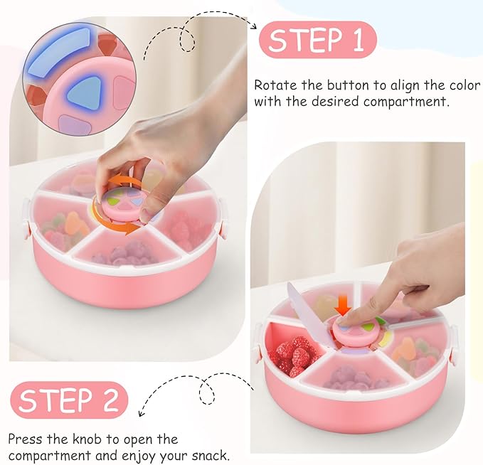 Kids' Rotating Snack Container Set – 2-Pack, Includes 1 Rotating Snack Container & 1 Round Sectioned Snack Box, BPA-Free, Dishwasher Safe, Perfect for Travel-Pink