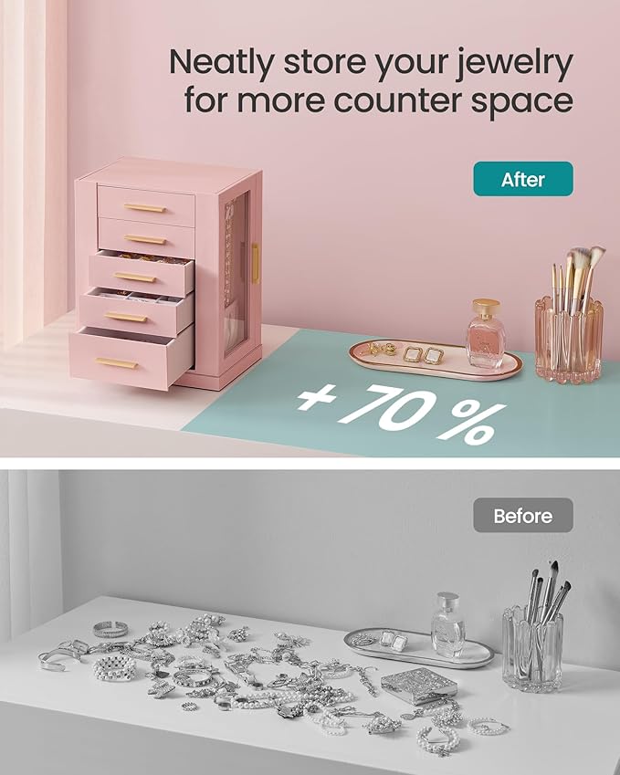 SONGMICS Jewelry Box 360° Rotating, Jewelry Storage Case with 5 Drawers, Jewelry Organizer, Glass Window, Spacious, Vertical Jewelry Storage, Open Design, Great Gift, Jelly Pink UJBC170R01