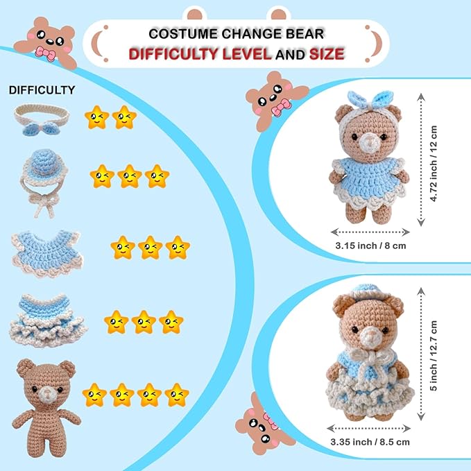 LoopMap Crochet Kit for Beginners, DIY Amigurumi Bear with Removable Dress & Accessories, Step-by-Step Video Tutorials Extra Yarn Crochet Tools, Handmade Gift for Kids & Adults (Bear-Blue)