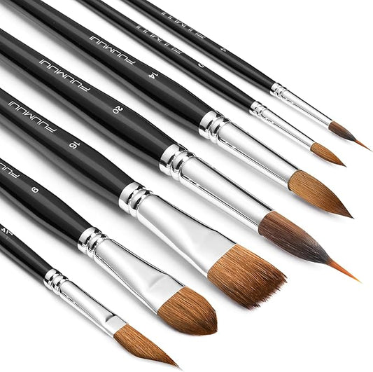 Watercolor Brush Set, Fuumuui 7pcs Professional Sable Paint Brushes with Extended Needle, Round Point, Flat, Dagger, Cat's Tongue for Watercolor, Acrylic, Gouache – Detail & Wash Painting