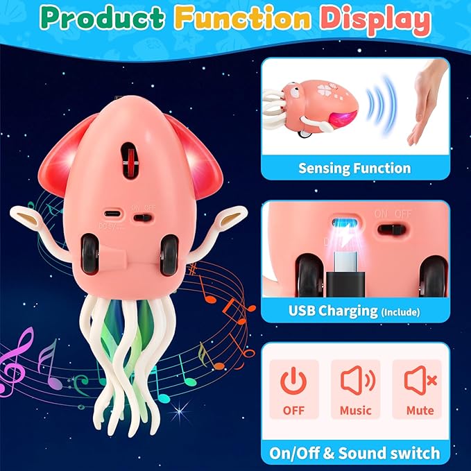USB Rechargeable Dancing Octopus Baby Toy - Electric Crawling & Tummy Time Toy, Magical Musical Squid, Stress-Relief Desk Decor - Birthday for Kids Ages 1 2 3 4 5 6 Girls (Pink)