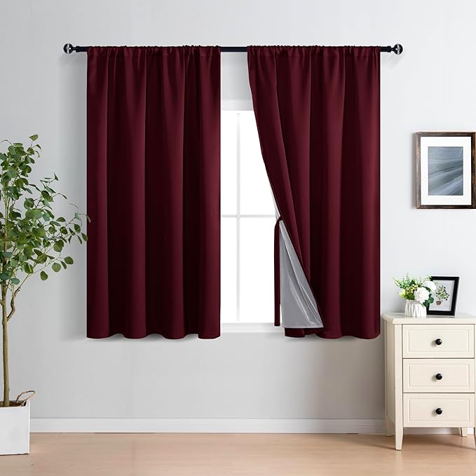 XWZO 100% Blackout Window Curtains - Thermal Insulated & Noise Reduction Black Liner Rod Pocket Window Treatment Sewn with Tiebacks for Bedroom/Living Room, Burgundy, W52 x L45, Set of 2