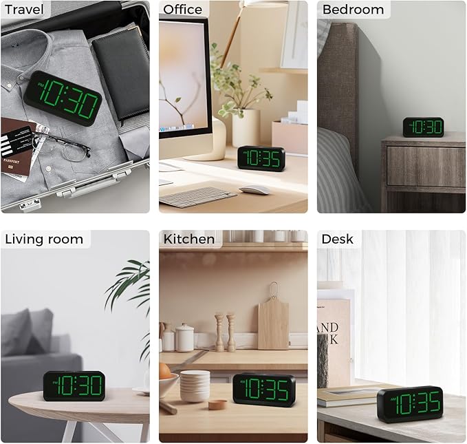 Battery Operated Digital Clock: Cordless Small Alarm Clock for Bedroom Travel - Large Numbers 4 Dimmers for All Ages Green Digits