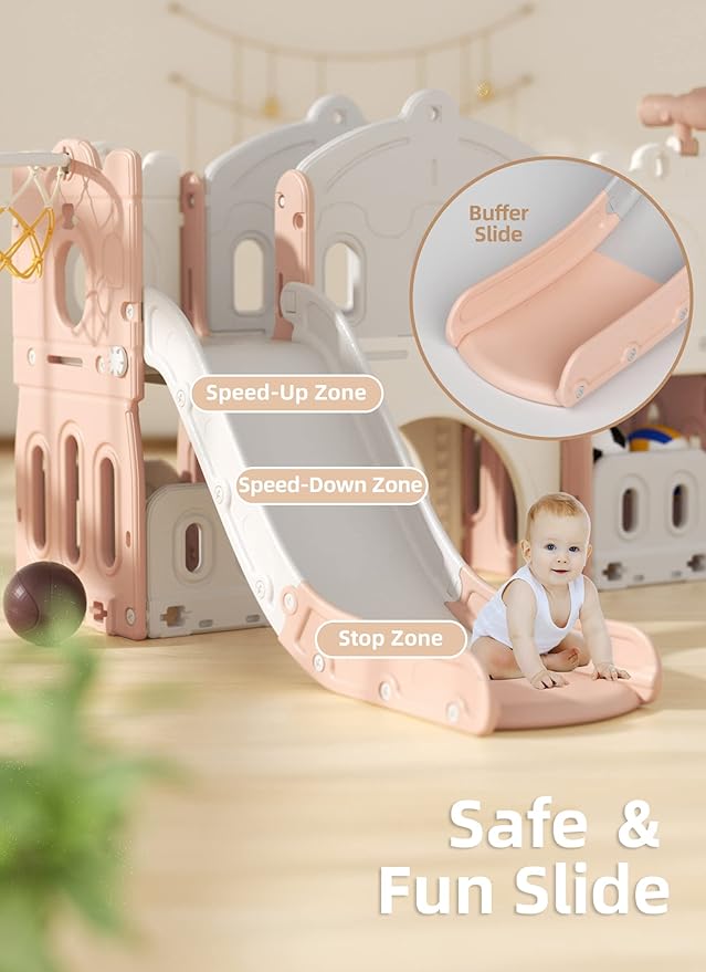 XJD 7 in 1 Toddler Slide Set, Kids Slide for Toddlers Age 1+, Toddler Climber Slide PlaySet with Basketball Hoop and Ball,Outdoor Indoor Playground for Toddlers 1-3 (Pink)