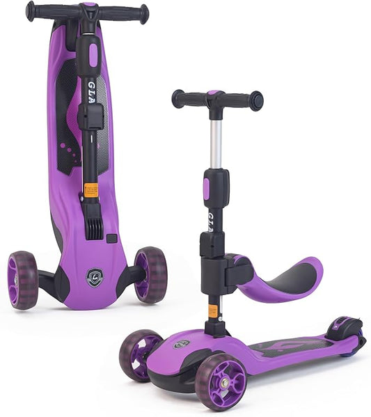 GLAMUP Kids Scooter, 2-in-1 Folding Kick Scooters, Adjustable Height, Safety Lock, 3 Wheel Kick Scooter for Boys and Girls Ages 3-14